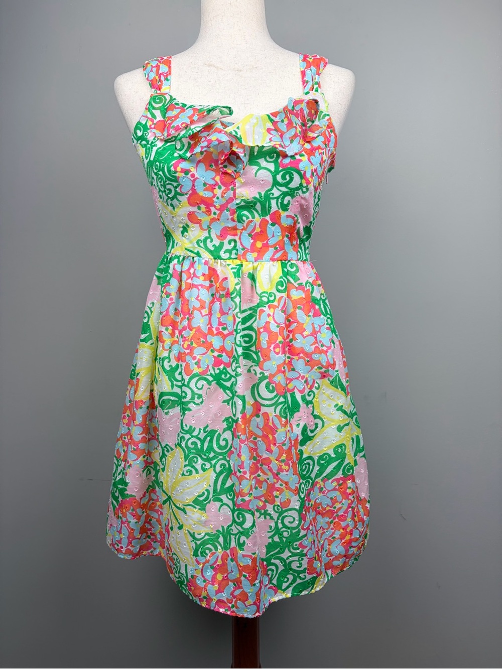 Lilly Pulitzer Peggy Dress 2 Mariposa Butterfly Floral Eyelet Ruffle Sundress